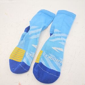Brooks Light Blue Athletic Crew Socks with Navy Toes and Yellow Arch Accents